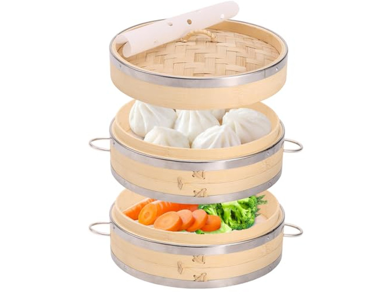Panier vapeur en bambou pour riz et algues marines à la casserole dorée