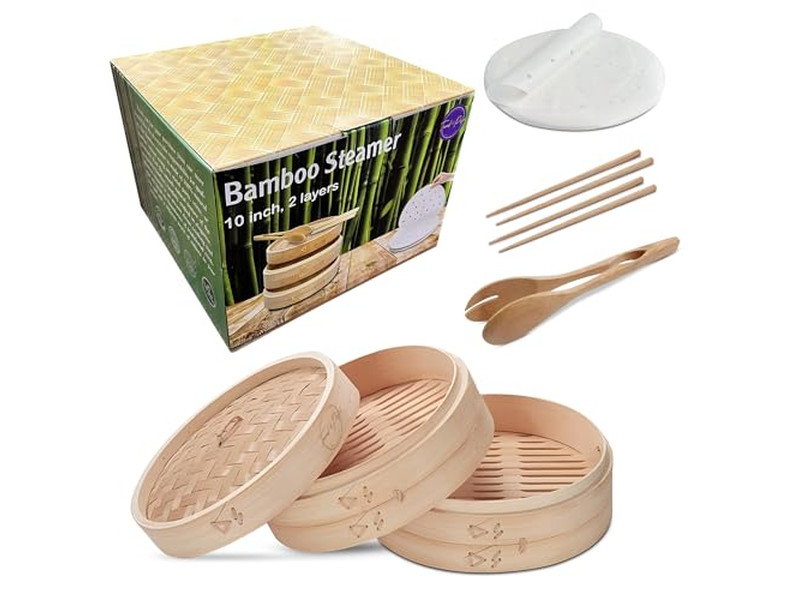 Panier vapeur en bambou pour brocoli avec couvercle